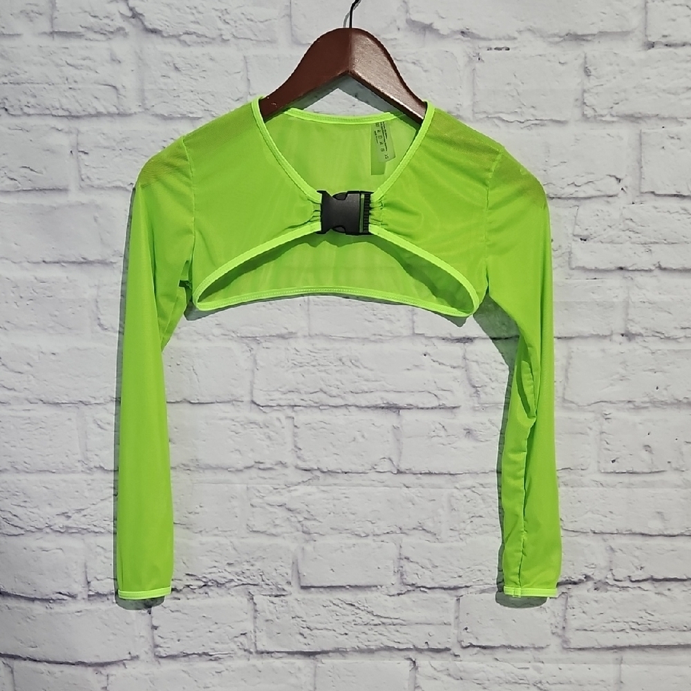 Neon Lime Long-Sleeve Crop Top with Front Buckle